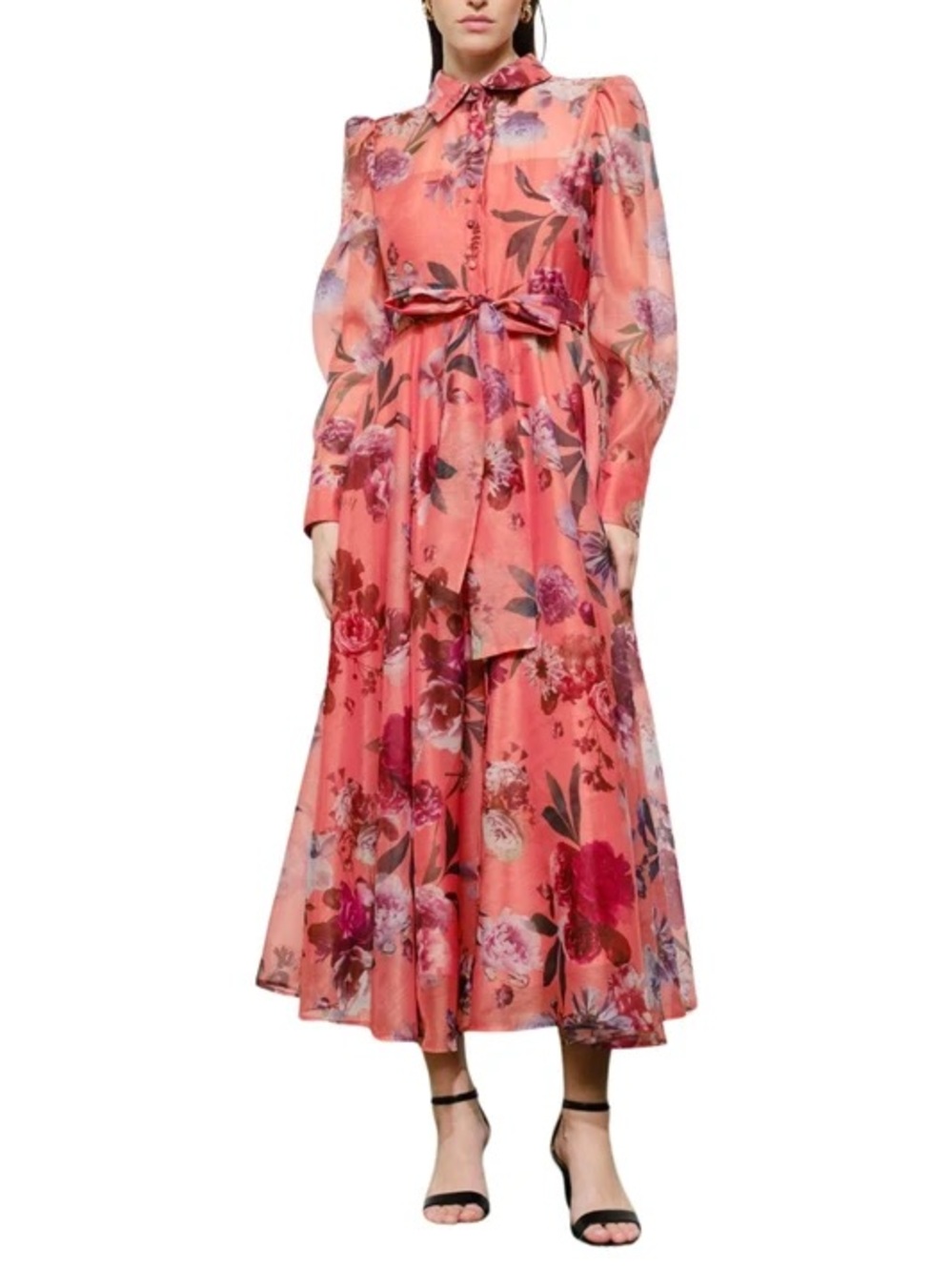 Ina Coral Floral Long-Sleeve Midi Dress
